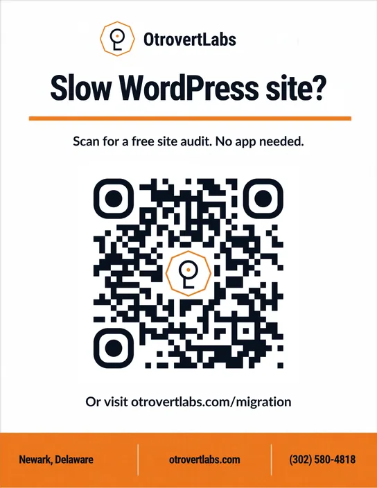Example Static Pack: an OtrovertLabs flyer headed Slow WordPress site?, with a QR code and the line Scan for a free site audit